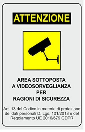 NEW CARTELLO SEGNALETICO - AREA SOTTOPOSTA A VIDEOSORVEGLIANZA VIDEO SORVEGLIATA - (Pannello in Alluminio 20x31)