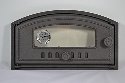 SEZAM Backofentür aus Gusseisen mit Thermometer 500 °C, hitzebeständige Glasscheibe, nach links öffnend, Pizzaofentür - Brotofen - Steinofentür, 48,5 x 6,5 x 27,5 cm - halbrund, grafitfarbene Bemalung