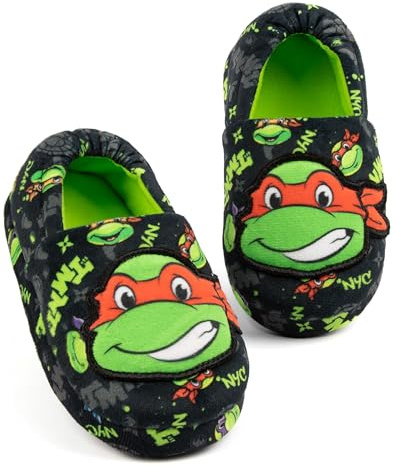 Teenage Mutant Ninja Turtles Slippers Kids | Girls Boys Toddlers TMNT Animated Warrior Raphael Black Green House Shoes | Slip On with Rubber Sole