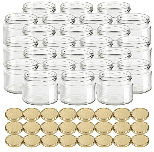 gouveo Set di 24 vasetti per conserve da 300 ml, con coperchio a vite, a nido d'ape – Barattoli con tappo a vite TO82 – Barattoli vuoti per miele, marmellate, conserve