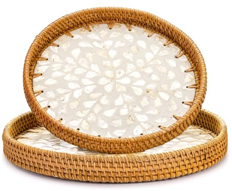 Frcctre 2 Stück 25/30 cm rundes Rattan-Serviertablett mit Perlmutt-Inlay-Holzsockel, dekorative Weidenkörbe, gewebtes Serviertablett für Brot, Obst, Lebensmittel, Kaffee, Frühstück, Aufbewahrung und