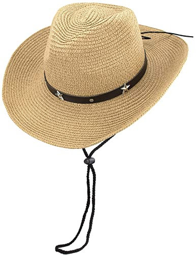 KorhLeoh Chapeau de cowboy en paille occidentale pour enfant - Chapeau de cow-boy d'été pour la plage - Chapeau de soleil pour bébé garçon, kaki, 2-4 ans