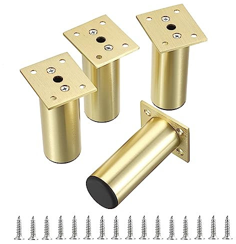 SUMTree Lot de 4 pieds de meubles de 10 cm en alliage d'aluminium - Pour chaise, table, armoire, bureau, canapé - Avec vis - Montage facile - Rond - Doré