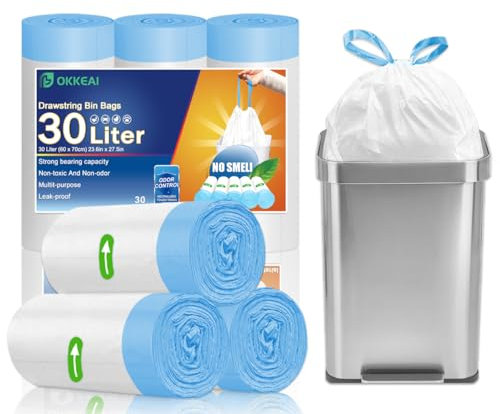 OKKEAI Bolsas de basura con cordón de 30 litros, bolsas de basura blancas para cocina, con asa de corbata, pedales, bolsas de basura grandes y fuertes para jardín, oficina, para cubos de basura de 23