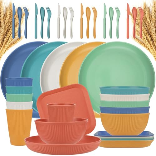 42-Piece Plates and Bowls Sets Wheat Straw Dinnerware Sets Service for 6, Unbreakable Dishwasher Microwave Safe Dishes Set Cups Sets Dinner Plates and Bowls Set for Kitchen