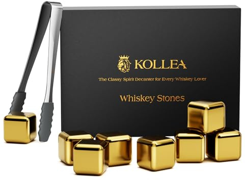 Kollea Whiskey-Steine, goldene Edelstahl-Whiskey-Kühlsteine, wiederverwendbare Eiswürfel zum Trinken, Rum-Cocktail-Zubehör, Barkeeper-Set, Einweihungsgeschenk, neues Zuhause, Vatertag