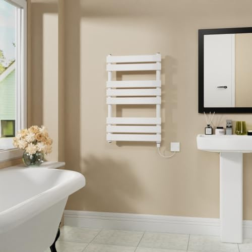 Warmehaus Electric Flat Panel Heated Towel Rail White 800x500mm 400W | Prefilled, Bathroom Ladder Radiator Warmer, Electric Towel Radiator, Wall Mounted, Mild Steel, Energy Efficient