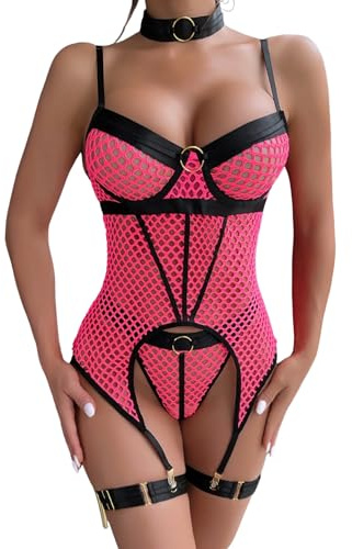 EVELIFE Dessous Set für Damen Sexy Gothic Bodysuit Strapsen Oberschenkel Strumpfgürtel Halsreif Unterwäsche Babydolls ohne Strümpfe (Rosa,M)