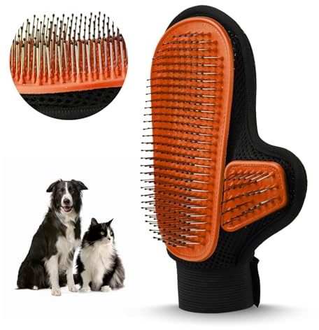 Beenefits 2025 Pet Grooming Glove with Tipped Pin Brush,Special Design Deshedding Glove, Perfect Petting Tool for Sensitive Dogs & Cats with Long & Medium Fur, Massage Mitt - Right-Hand - Orange
