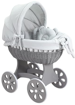 Wiklinopol Stubenwagen, Moseskorb Baby mit Gestell Annabell – Bollerwagen mit Rollen aus Naturweide – inkl. Matratze & 5-TLG. Hellgrau Musselin-Bettwäsche – Korb: Grau