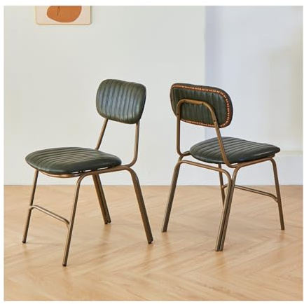 Hansweld Mid Century Modern Dining Chairs Set of 2, Retro Chair with Faux Leather Upholstered Seat/Backrests & Vintage Distressing Metal Legs & Leg Protectors for Kitchen Dining Room (Dark Green)