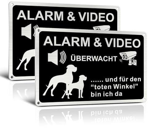 Sinmao Alarm und Videoüberwacht Schild Hund Alu A4 30x20cm Gebürstete Oberfläche in Schwarz, Achtung Hund Schild Lustig Und für den toten Winkel bin ich da 2 Stück