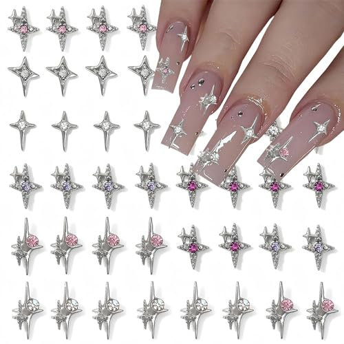 Mezrkuwr 40 Stück silberne Stern-Nagel-Charms, 3D-Sterne-Nagelkunst-Charms, glänzende Legierung, Kristall-Stern-Nagel-Edelsteine, Nagelkunst-Zubehör, DIY-Nageldekoration