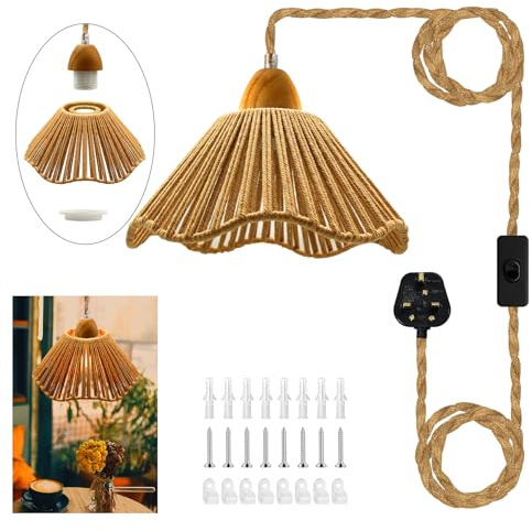 Rustic Hemp Rope Pendant Light, Industrial Plug in Pendant Lighting with 200 in Cable, Retro Adjustable Plug in Ceiling Light Fixture, DIY Hanging Lamp Kit with Lampshde, E26 E27 Socket,for Kitchen