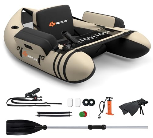 GOPLUS Bellyboot, Belly Boat bis 150 kg belastbar, aufblasbares Schlauchboot zum Angeln mit Alu Paddel, Pumpe, Flossen, Fischlineal, Rutenhalter & 2 Schultergurten, 135 x 109 x 54 cm (Beige+Schwarz)