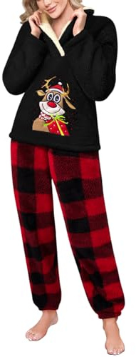 Tuopuda Pigiami Natalizi Pile Donna Lunghi Tuta Completa Invernale, Pigiama Felpato Pjs in Flanella Pullover Giacca con Pantaloni Maglione Top Homewear Regalo Donna Coppia Sleepwear, Nero, M