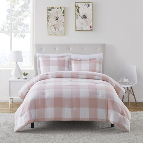Sweet Home Collection Ultra Soft Down Alternative Set & Luxurious Bed Sheets, Polyester, Checkered Box Blush, Full