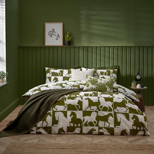 furn. Herve Reversible Duvet Cover Set – Wild Horses Statement Bedding (Olive – Double)