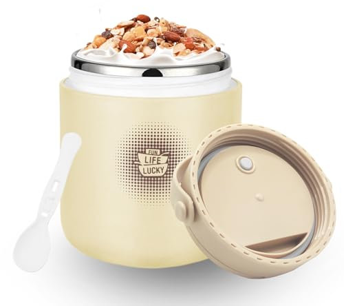 Chedin Thermobehälter für Essen, isolierter Edelstahl Joghurtbecher, 430ml Auslaufsicher joghurtbecher to go mit löffel und Deckel,Thermo-Essensbehälter, perfekt für Suppen, Speisen, Müsli (1-Gelb)