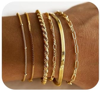 ZEPIQOR 6er Set Armbänder Damen Gold, Verstellbare Armbänder mit Figaro-Gliederkette, Fischgrätenkette, Tenniskette, gedrehte Kette, 16 cm, Gold, Stahl