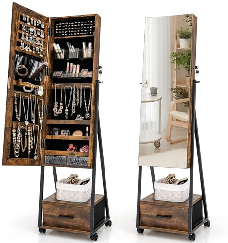 RELAX4LIFE Schmuckschrank mit Spiegel & Rollen, Spiegelschrank 360° Drehbar & Freistehend, Abschließbarer Schmuckorganizer mit Schubladen, Schmuckregal für Ohrringe Kette Ringe Kosmetik (Braun)