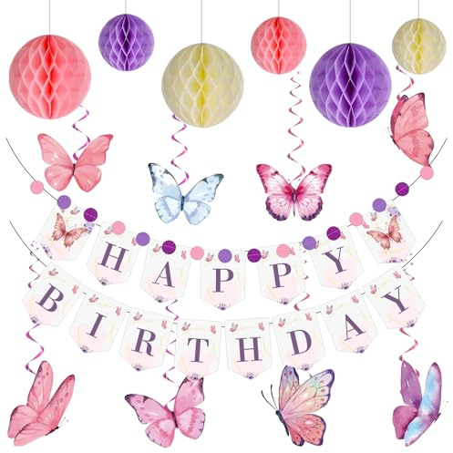 BGTLJKD Geburtstagsdeko für Mädchen & Frauen, Wiederverwendbare Wabenball und Schmetterlinge Spiralen Hängedeko, Happy Birthday Banner Set in Lila und Rosa