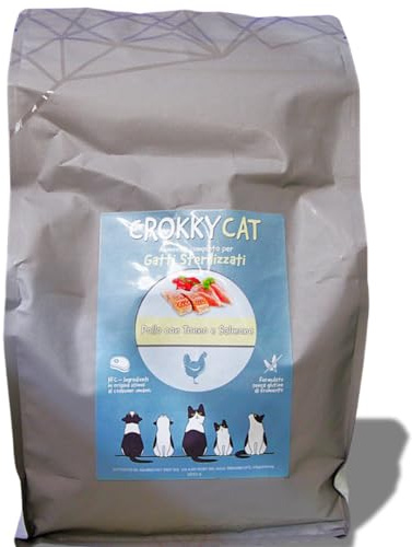 Crokky Cat Alimento completo para gatos esterilizados, pollo, atún y salmón. Para la salud del tracto urinario y la reducción de las bolas de pelo. Ingredientes originalmente aptos para el consumo