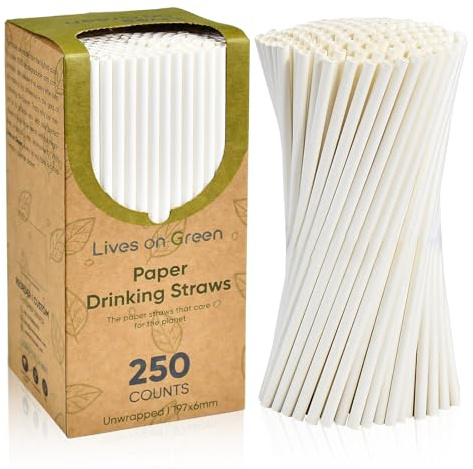 Lives on Green Weiße Einweg Papierstrohhalme zum Trinken, 100% Biologisch Abbaubar und Kompostierbar – 19,7 x 0,6 cm, 250 Stück