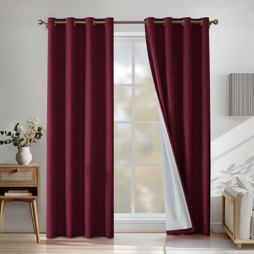 CYCMACO Verdunklungsvorhänge Leinen 2er Set, 140x245cm, Kälteschutz Thermovorhang Mit Ösen, Lärmschutzvorhang, Wohnzimmer Lichtundurchlässig Vorhänge, Schlafzimmer Vorhänge, Bordeaux