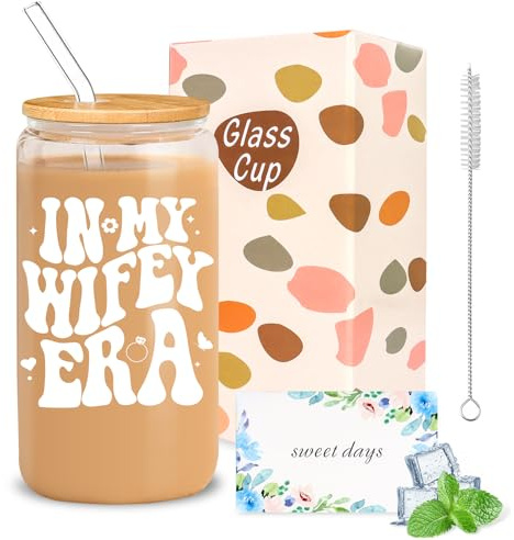 KufaerBeam Bride to be Gifts - Wedding Gifts for Bride, Couples, 16 oz Coffee Glass Cups with Lids Straws, Bachelorette（Wifey