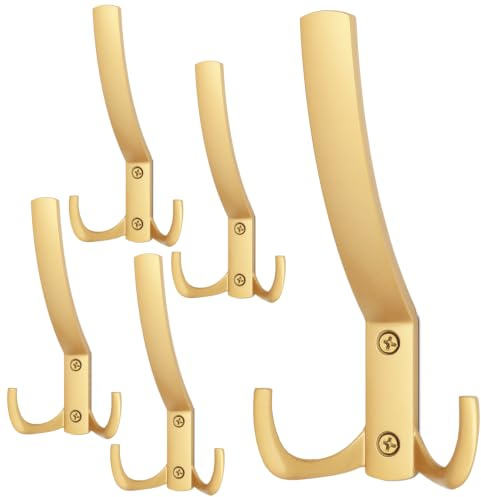 Mavö Doppelhaken Gold matt - 5er Set Kleiderhaken zum Schrauben, Wandhaken Garderobenhaken Metall 130×75 mm, für Flur, Bad & Küche, stabiler Handtuchhaken, Modell Nik.L