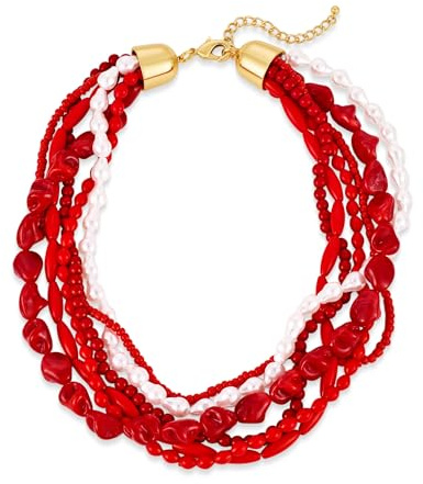 HolidayQbee Red Beaded Necklace for Women Hypoallergenic & Fade-Resistant, Multi-Strand Design with Coral and Pearl Accents, Gift for Women