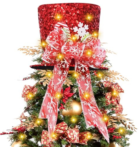 mumisuto Puntale Albero di Natale, Grande Cappello a Cilindro con Striscia Luminosa da 6,5 Pollici, Decorazione Natalizia, Puntale Albero, Luci e Musica, Crea Atmosfera Festosa (Rosso)