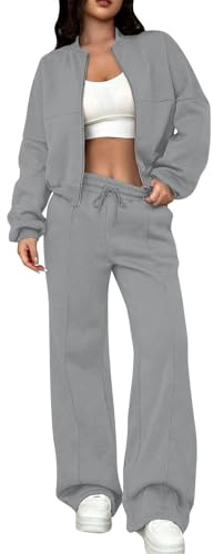 Gym Tracksuit Womens Full Set, Zip Up Sweatshirt Jacket Round Neck Long Sleeve Coat Drawstring Elasticated Waist Pants Wide Leg Trousers Light Leisure Gym Workout Sweatsuit Streetwear