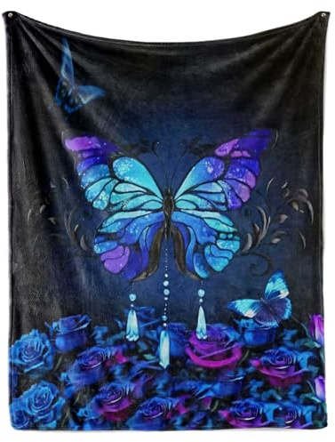 IUNTWEIE Accogliente coperta farfalla morbida rosa lilla floreale flanella motivo farfalla coperta viola bambino (C, 130 x 150 cm)