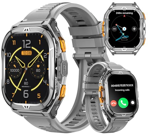 Rogbid Smartwatch för män GPS sportklocka, 1,96 tum HD AMOLED, 5 ATM vattentät metall militär smartklockor, fitness aktivitetsspårare med kompass stegräknare sömnmonitor puls grå