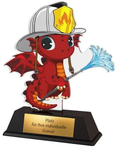 XS Kinderpokal Feuerwehr-Drache 10 cm - Trophäe mit Gravurschild Award | Ideal für die Jugendfeuerwehr, stabiler Kunststoffsockel, liebevolles Drachen-Motiv mit Schlauch, komplett montiert.