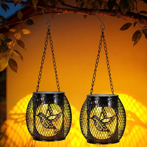 Global Golden Bird Solar Lanterns, 2 Pack Solar Lights Garden Ornaments Outdoor Waterproof LED Hanging Lanterns for Garden Patio Yard Pathway Plant Decoration