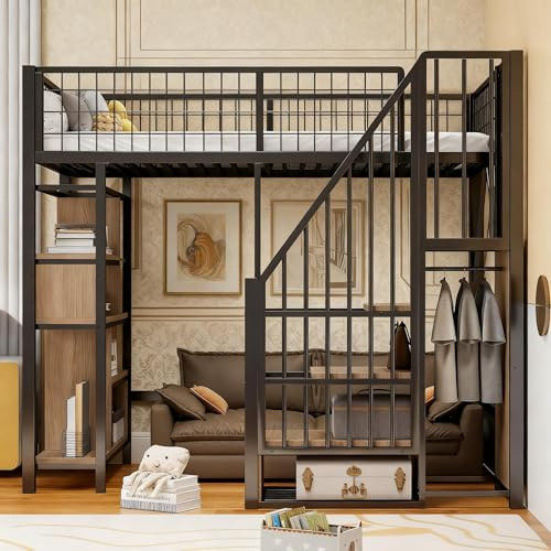 Ojiuboo Hochbett, Metallbett mit Regal und Treppe, platzsparendes Hochbett für Erwachsene und Kinder, modern und stabil (Schwarz, 90 x 200 cm)