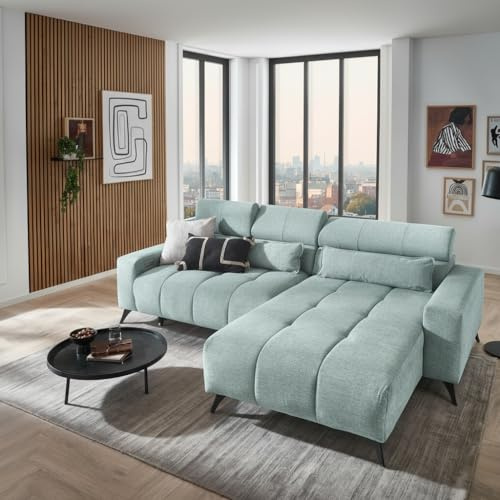 möbelando freiraum Polstergarnitur Bali – Elektrisches Ecksofa mit XL-Sitztiefenverstellung, USB-Anschluss & wasserabweisendem Bezug in Blau (267x95x185 cm)