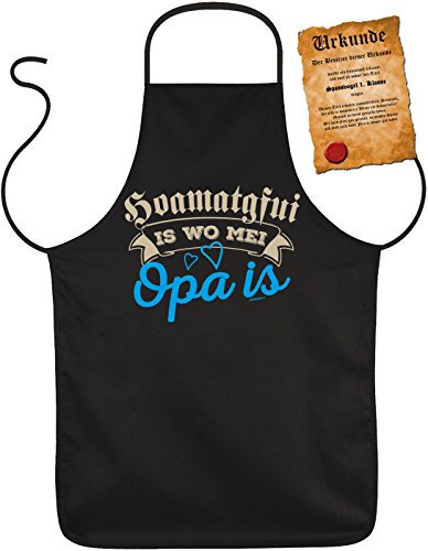 Bayrischer Opa Schürze - Sprüche Kochschürze Großvater : Hoamatgfui is wo mei Opa is -- Geschenk Grillschürze Geburtstag Opa + Urkunde