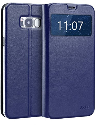 doupi FlipCase für Samsung Galaxy S8 Plus, Deluxe Schutzhülle mit Sichtfenster Magnet Verschluss Klappbar Book Style Aufstellbar Ständer, dunkel blau