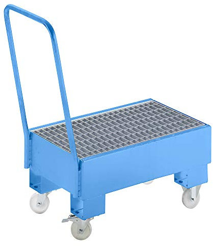 Fahrbare Stahl-Auffangwannen, für 60-l-Fässer, 2 x stehend, blau RAL 5012.