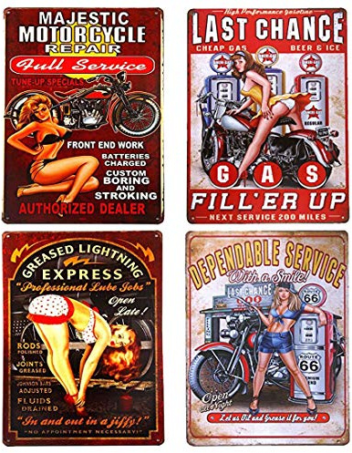 UOOPAI Pin-up Girl Gas Station Motorcycle Full Service Greased Route 66 Auto Repair Metal Poster Rural Vintage Tin Sign Garage Pub Bar Home Wall Decor Antique Plaque Set of 4