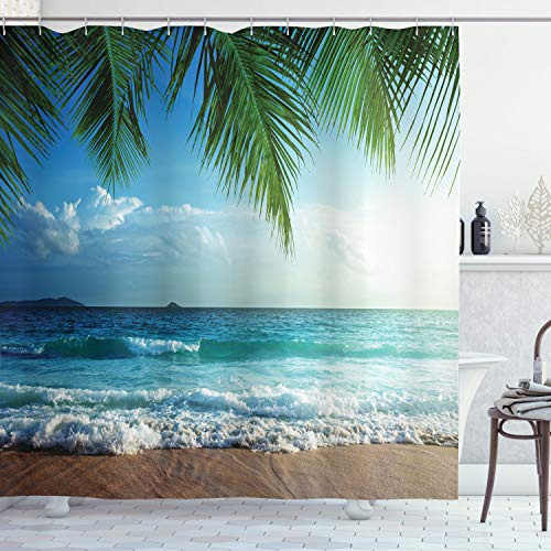 ABAKUHAUS Ozean Duschvorhang, Palmen Tropical Island, Stoffliches Gewebe Badezimmerdekorationsset mit Haken, 175 x 220 cm, Blau und Grün