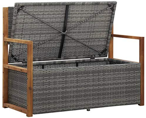 Festnight Bank mit Stauraum 110 cm Poly Rattan Massivholz Akazie Grau Sitzbank Gartenbank Gartentruhe Truhenbank Kissentruhe Kissenbox
