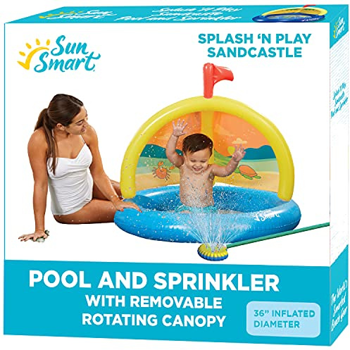 SunSmart Splash 'N Play Sandcastle - Inflatable Kiddie Pool and Sprinkler with Removable, Rotating Canopy