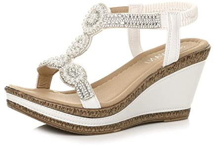 AJVANI Kvinnor damer hög kilklack plattformsspänne sommar peeptoe sandaler storlek, Vit diamant, 37 EU