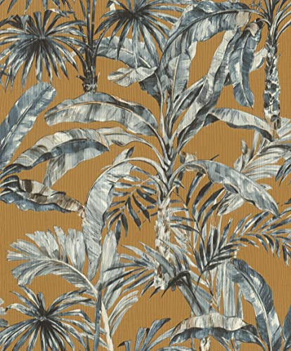 Rasch Florentine III 485264 Papier peint intissé Motif palmiers et feuilles Bleu/marron 10,05 x 0,53 m