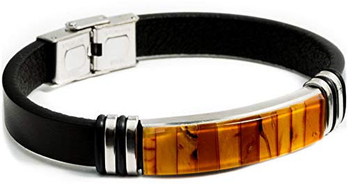 Bracciale unisex realizzato a mano in ambra baltica con cinturino in similpelle, chiusura in acciaio inox, Aerstellabile, UNIVERSELLE, Pelle sintetica Acciaio inossidabile Pietra, Ambra